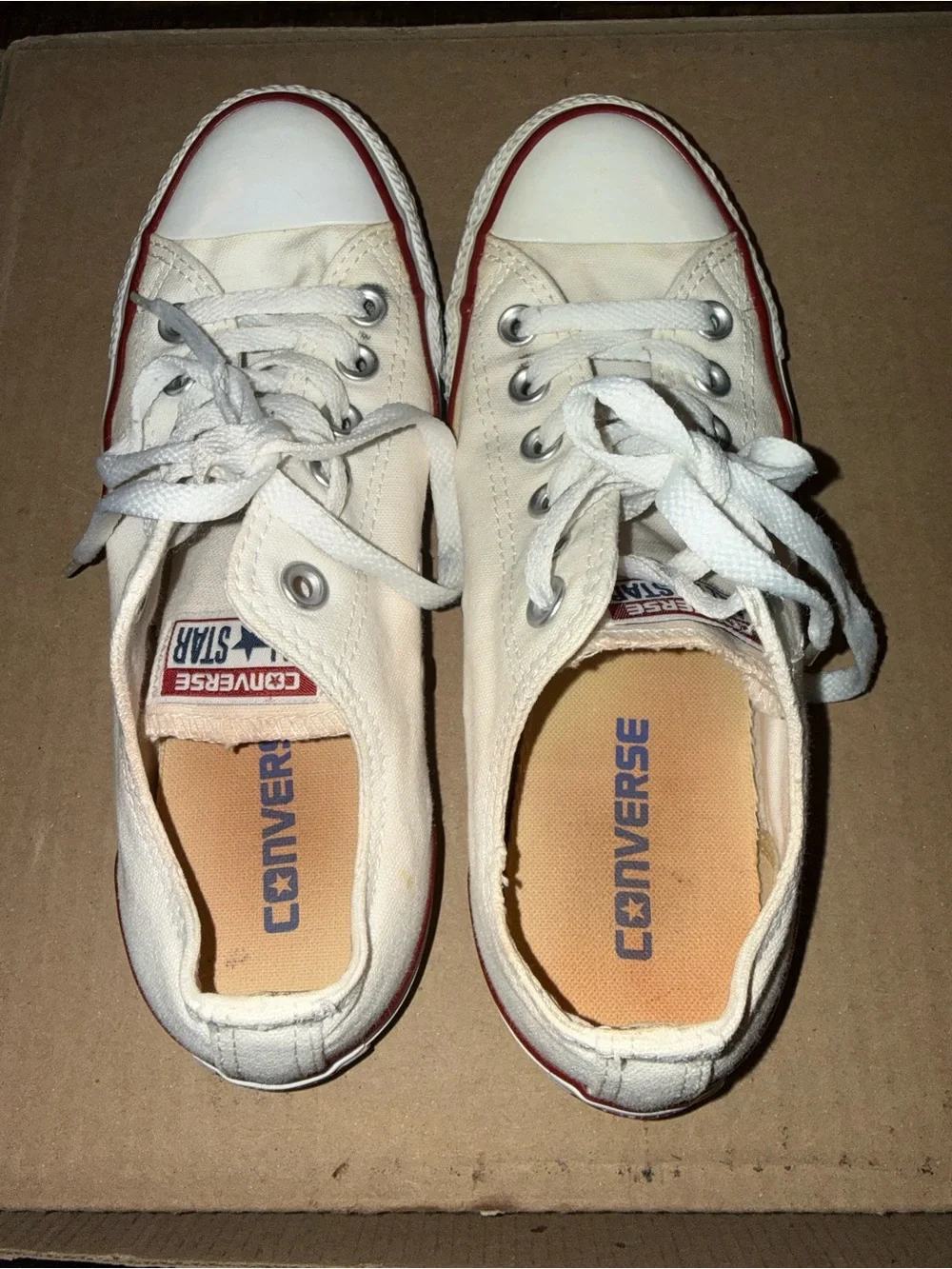 Converse Low Top Canvas Sneakers in White with Red Stripe